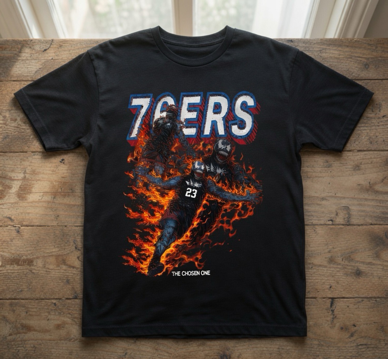 Close-up of 76ers Venom tee graphic and fabric